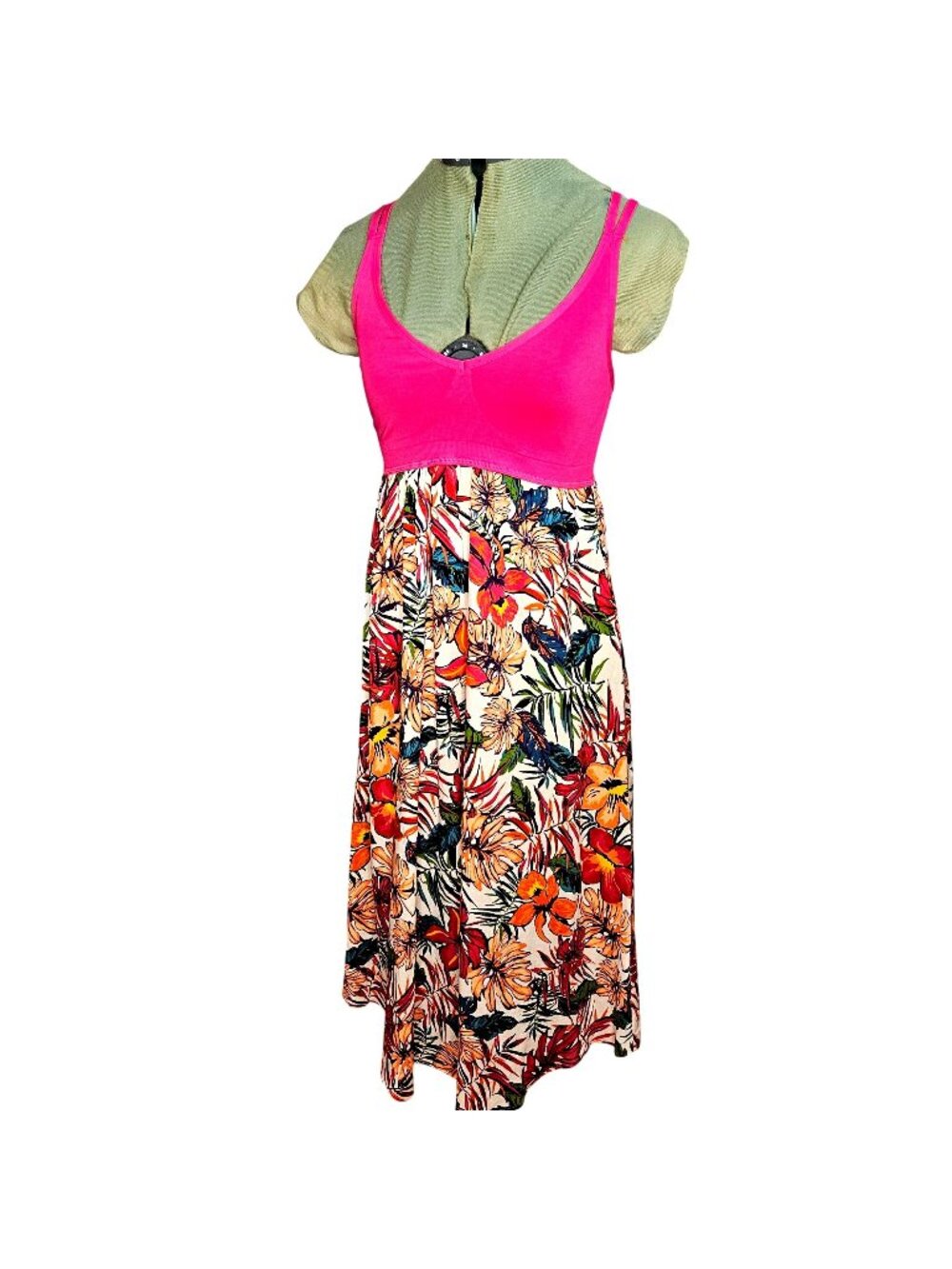 Junior's pink boho baby doll halter top tropical flora print midi dress M-L